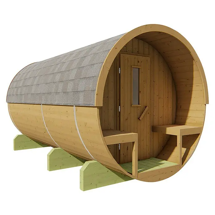 Tuindeco Fasssauna - L x B x H: 400 x 205 x 220 cm, Ohne Ofen - Ein einladendes Fass-Saunahaus aus Holz mit Schindeldach und integrierten Bänken. Ideal für Entspannung im eigenen Garten.