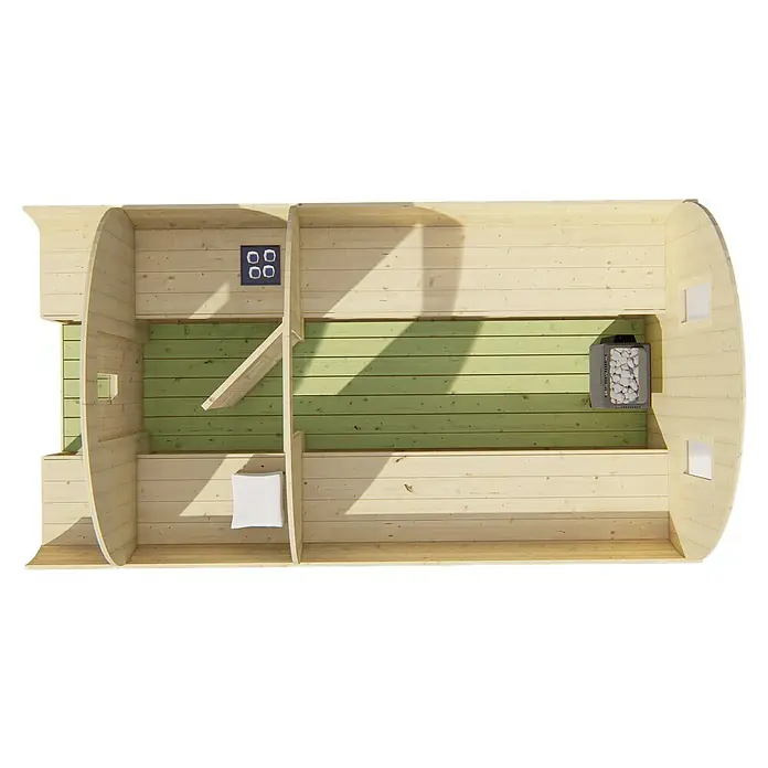 Tuindeco Fasssauna - L x B x H: 400 x 205 x 225 cm, Ohne Ofen, Unbehandelt - Innenansicht einer Fasssauna mit Holzofen und Bänken. Die Sauna ist aus hellem Holz gefertigt und wirkt einladend.