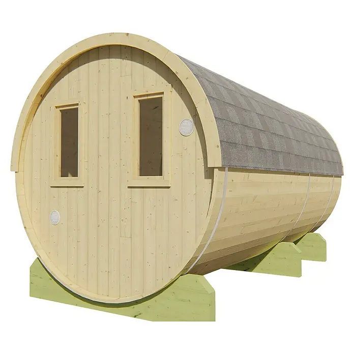 Tuindeco Fasssauna - L x B x H: 400 x 205 x 225 cm, Ohne Ofen, Unbehandelt - Eine Fasssauna aus hellem Holz mit Dachschindeln und zwei Fenstern. Ideal für entspannende Saunagänge im eigenen Garten.