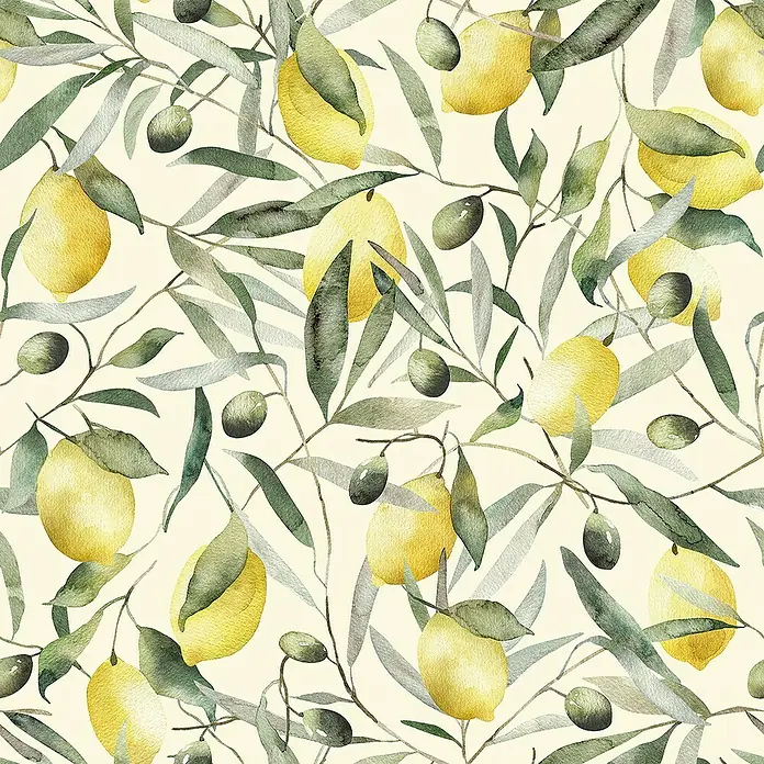 Glööckler Pompöös Provence Vliestapete Zitronen - Beige/Grün/Gelb, Floral, 10,05 x 0,53 m - Elegantes Zitronen- und Olivenmuster mit Aquarelldetails. Erhellen Sie Ihren Raum mit diesem frischen und lebendigen Design.