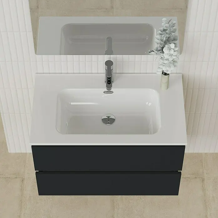 Artysan Conjunto de mueble de baño Funk - Ancho: 80 cm, Nature/Negro, 3 pzs. - Un moderno tocador con mueble negro y lavabo sobre encimera blanco, perfecto para un baño elegante.