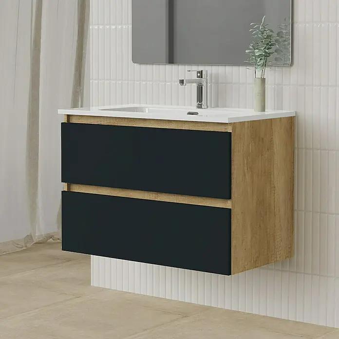 Artysan Conjunto de mueble de baño Funk - Ancho: 80 cm, Nature/Negro, 3 pzs. - Mueble de lavabo flotante con dos cajones en negro y efecto madera. Un diseño elegante para baños modernos.