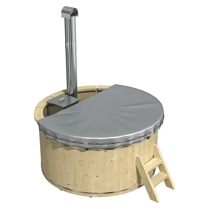 Tuindeco Hot Tub - 200 cm, Fichte, Natur, Max. Personenzahl: 6 Stk. - Das Bild zeigt einen Badezuber aus Holz mit einem grauen Deckel und einem Ofenrohr. Eine kleine Holztreppe führt zum Badezuber.