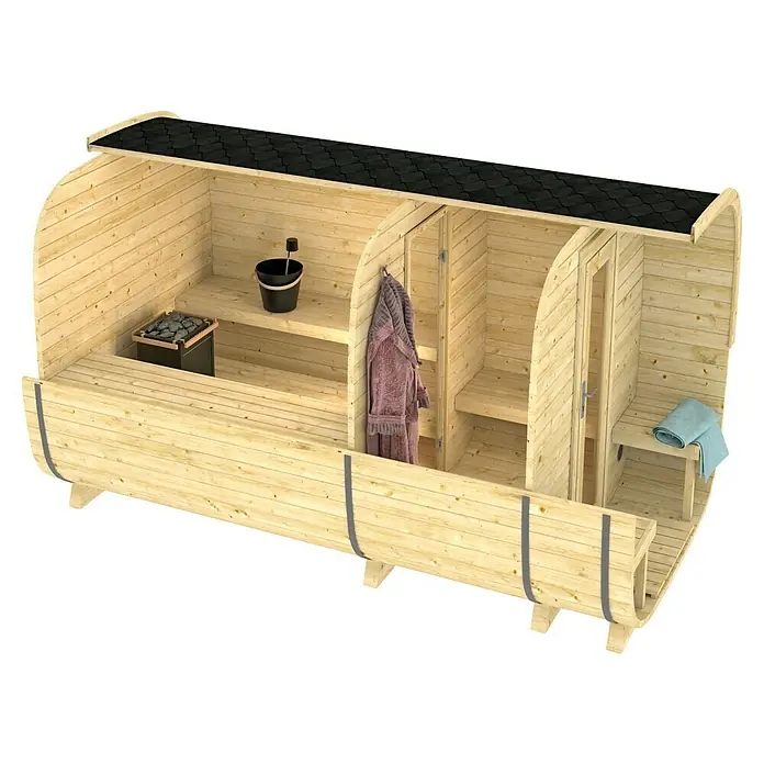 Tuindeco Saunahaus Cube Rovaniemi - L x B x H: 390 x 219 x 234 cm, Ohne Ofen, Fichte - Die Abbildung zeigt eine Fasssauna mit verschiedenen Abteilungen und Zubehör, perfekt für entspannende Momente.