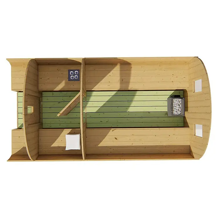 Tuindeco Fasssauna - L x B x H: 400 x 205 x 220 cm, Ohne Ofen - Innenansicht einer Holzfasssauna mit Bänken, Ofen und Fenster für entspannende Wellnessmomente.