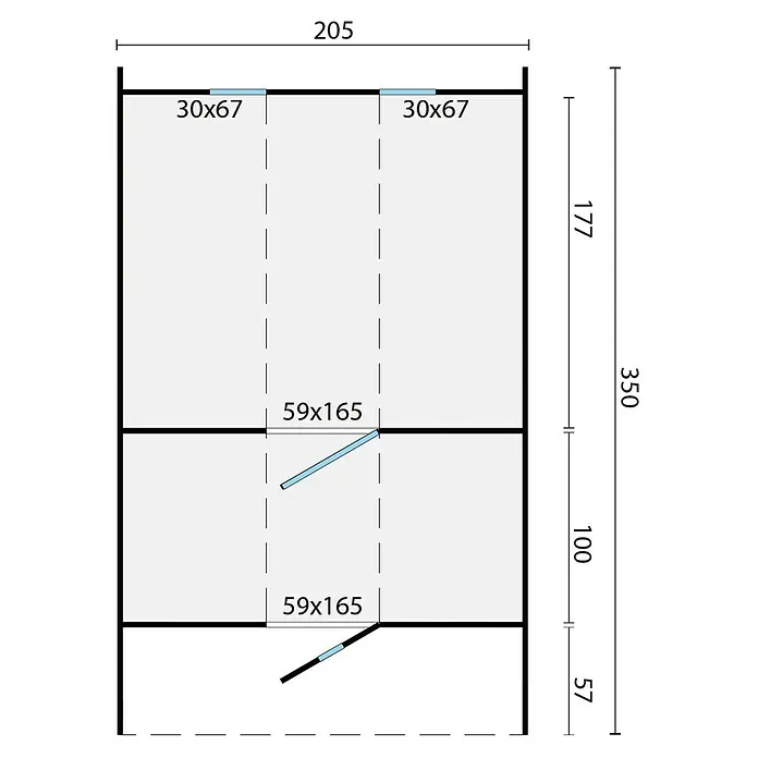Tuindeco Fasssauna - L x B x H: 350 x 205 x 220 cm, Ohne Ofen, ½‑Panorama‑Fenster - Grundriss eines Schranks mit Regalen und Abmessungen. Optimale Raumausnutzung durchdachte Regalaufteilung für verschiedene Gegenstände.