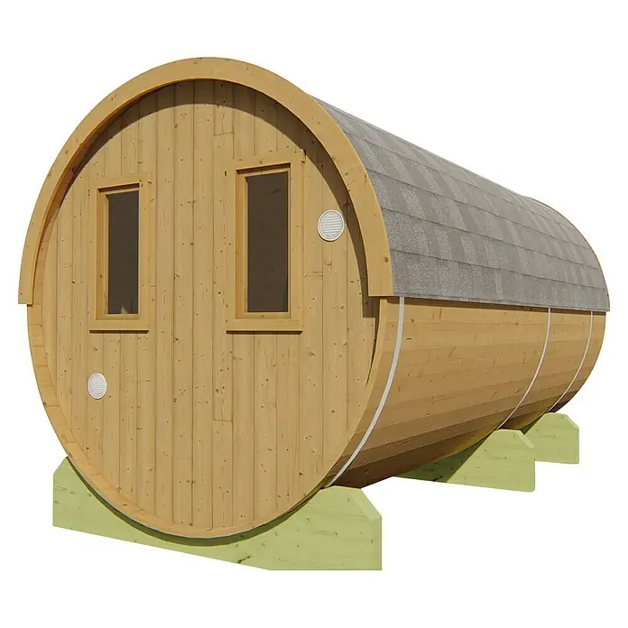 Tuindeco Fasssauna - L x B x H: 400 x 205 x 220 cm, Ohne Ofen - Außenansicht einer Holzfass-Sauna mit Fenster und grauen Dachschindeln, die auf grünen Blöcken steht.