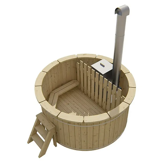 Tuindeco Hot Tub - 200 cm, Fichte, Natur, Max. Personenzahl: 6 Stk. - Ein Holzbadezuber mit integriertem Holzofen und Leiter zum bequemen Einstieg. Ideal für entspannende Stunden im Freien.