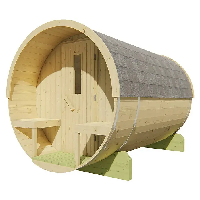 Tuindeco Fasssauna - L x B x H: 300 x 205 x 205 cm, Ohne Ofen, Unbehandelt - Holzfass-Sauna mit Sitzbänken, ideal für entspannende Momente. Die perfekte Ergänzung für Ihren Garten oder Wellnessbereich.