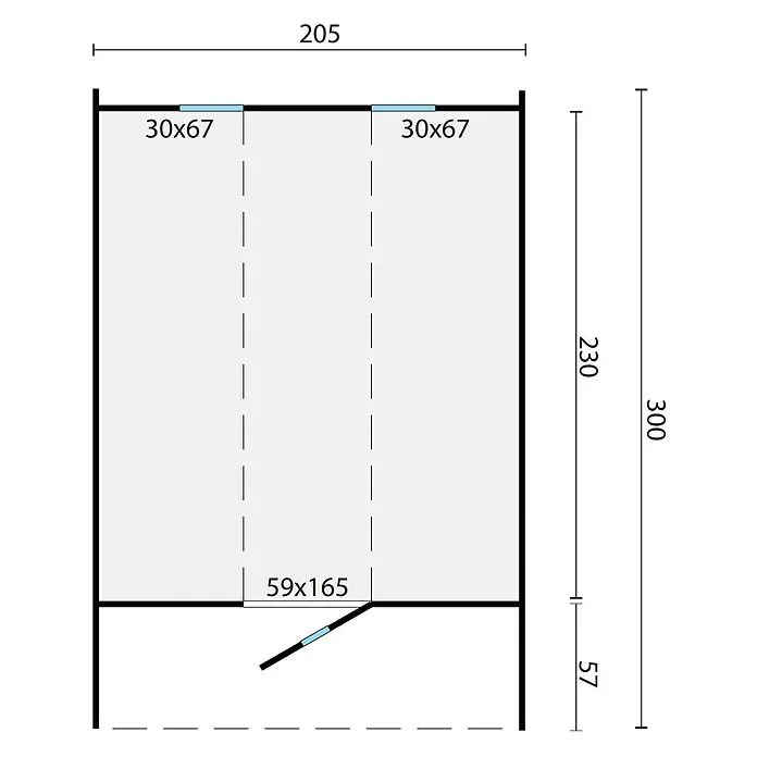 Tuindeco Fasssauna - L x B x H: 300 x 205 x 220 cm, Ohne Ofen, ½‑Panorama‑Fenster - Grundriss eines Gartenhauses mit Maßen, der die Anordnung und Größe des Hauses veranschaulicht.