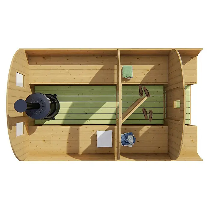 Tuindeco Fasssauna - L x B x H: 350 x 205 x 220 cm, Ohne Ofen - Draufsicht auf eine Holzfasssauna mit Ofen, Handtüchern und Badelatschen. Die Sauna hat ein modernes Design und bietet Platz zum Entspannen.