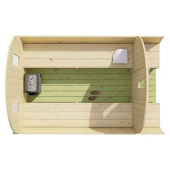 Tuindeco Fasssauna - L x B x H: 300 x 205 x 205 cm, Ohne Ofen, Unbehandelt - Innenansicht einer Sauna mit Bänken, Heizgerät und Handtuch.