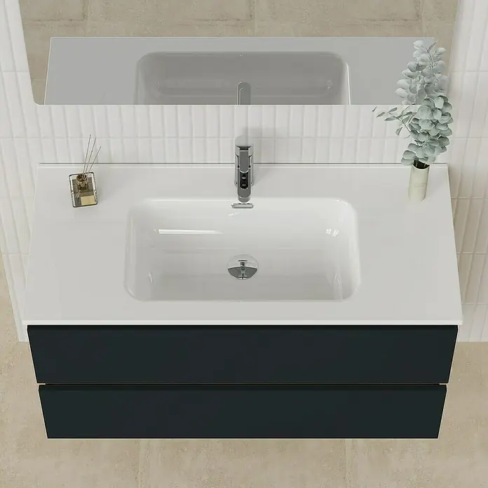 Artysan Conjunto de mueble de baño Funk - Ancho: 100 cm, Nature/Negro, 3 pzs. - Un tocador con un elegante mueble azul marino y un elegante lavabo blanco. Perfecto para un baño moderno.