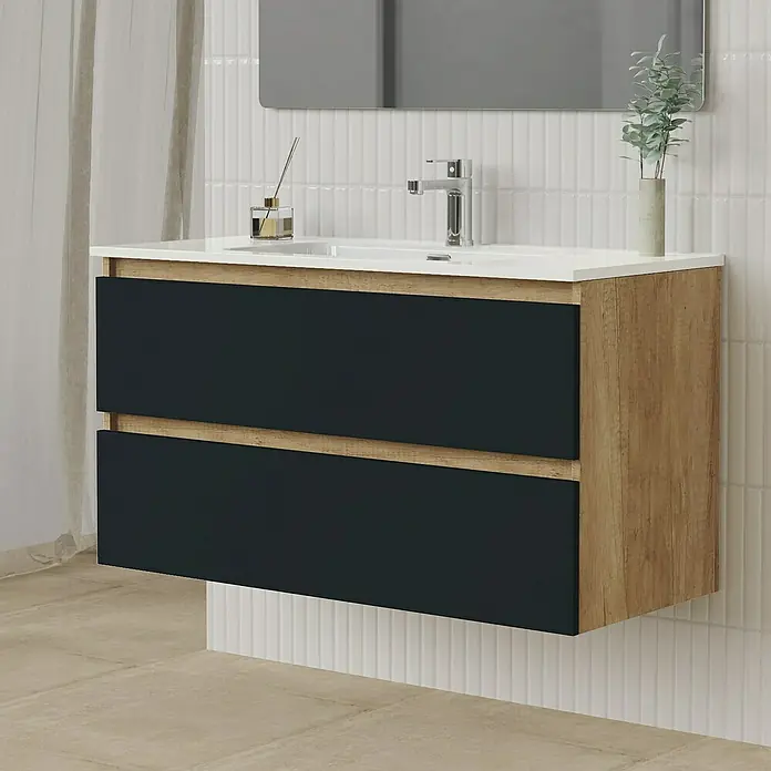 Artysan Conjunto de mueble de baño Funk - Ancho: 100 cm, Nature/Negro, 3 pzs. - Mueble de baño con lavabo, con dos cajones antracita y efecto madera. Diseño de baño contemporáneo con espejo y decoración.