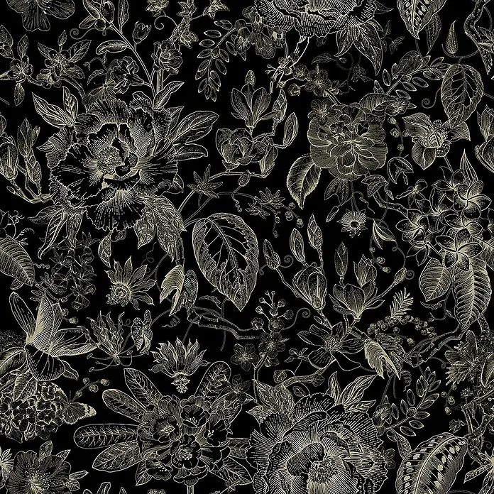 Glööckler Pompöös Provence Vliestapete - Schwarz/Beige, Floral, 10,05 x 0,53 m - Schwarzer Stoff mit floralem Muster, das eine elegante und raffinierte Note verleiht. Ideal für exklusive Kleidungsstücke und Heimtextilien.