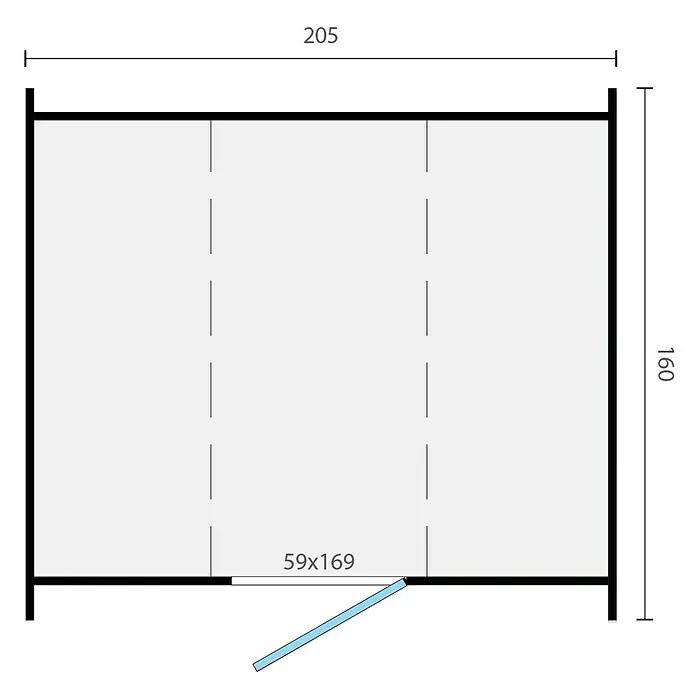 Tuindeco Fasssauna - L x B x H: 205 x 160 x 205 cm, Ohne Ofen - Grundriss des Holzhauses mit den Maßen 205 x 160 cm und einer Tür von 59 x 169 cm. Ideal für den Garten oder als kleines Ferienhaus.