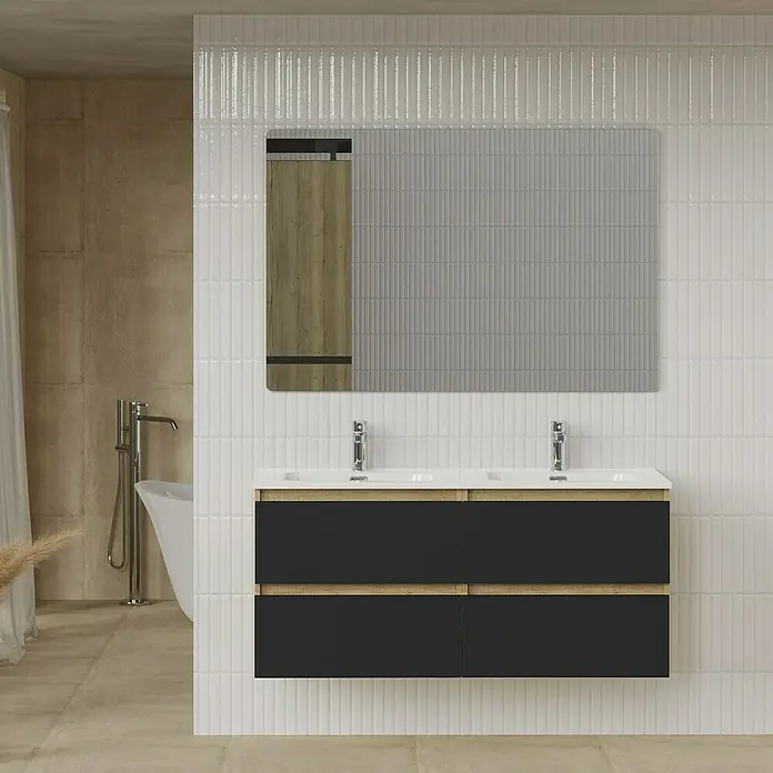 Artysan Conjunto de mueble de baño Funk - Ancho: 120 cm, Nature/Negro, 3 pzs. - Baño moderno con mueble de doble lavabo en negro y madera, y espejo a juego con detalle de madera.