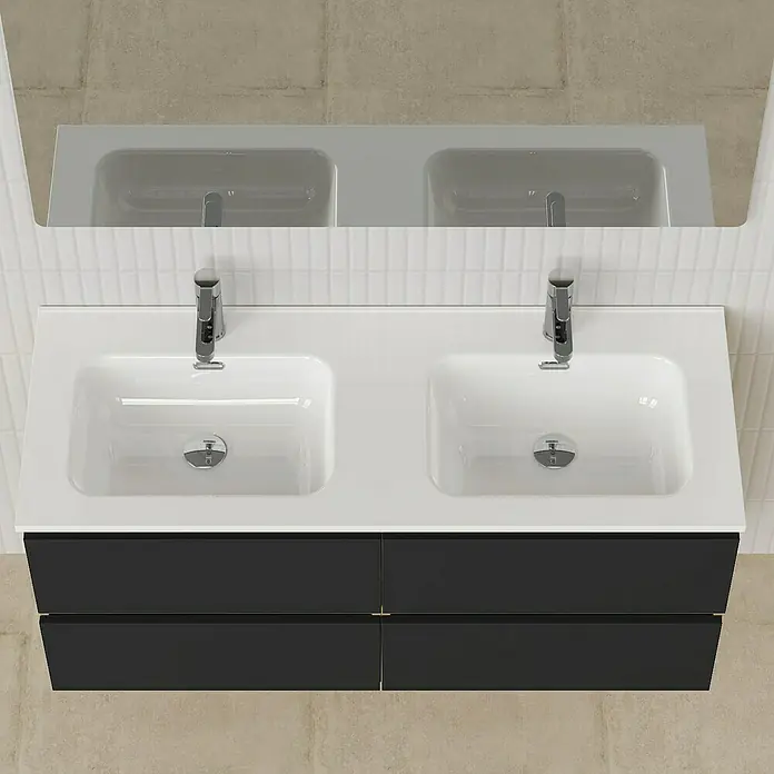 Artysan Conjunto de mueble de baño Funk - Ancho: 120 cm, Nature/Negro, 3 pzs. - Lavabo de baño moderno con doble encimera y elegantes armarios negros. Perfecto para un baño con estilo.