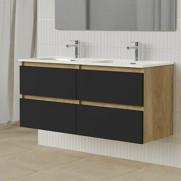 Artysan Conjunto de mueble de baño Funk - Ancho: 120 cm, Nature/Negro, 3 pzs. - Lavabo de baño moderno con cuerpo de madera y cajones negros bajo un espejo rectangular.