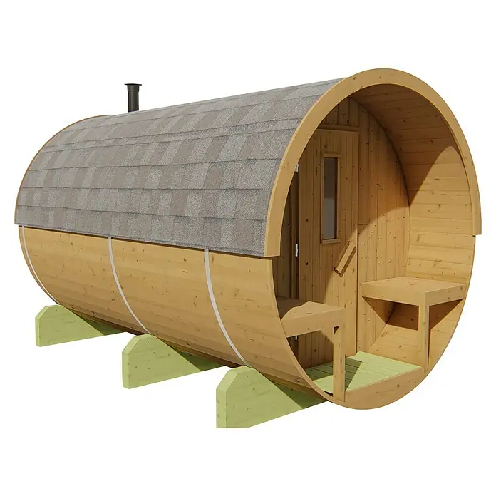 Tuindeco Fasssauna - L x B x H: 350 x 205 x 220 cm, Ohne Ofen - Fassförmige Sauna mit Holzbänken und grauem Schindeldach. Die perfekte Ergänzung für Ihr Wellness-Erlebnis im Garten.