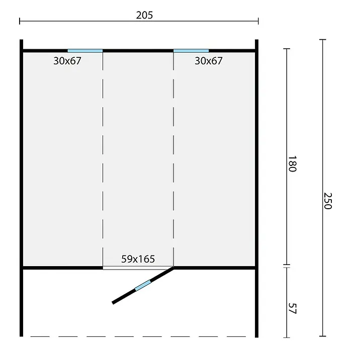 Tuindeco Fasssauna - L x B x H: 250 x 205 x 205 cm, Ohne Ofen - Grundrisszeichnung eines kleinen Gartenhauses mit Maßangaben für Fenster, Tür und Wandlängen.