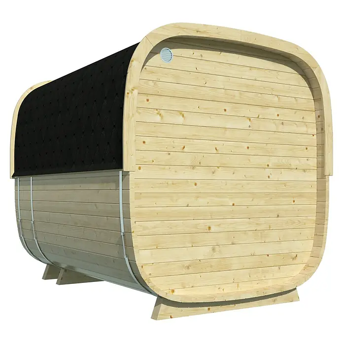Tuindeco Saunahaus Cube Rovaniemi - L x B x H: 286 x 219 x 234 cm, Ohne Ofen, Fichte - Ein Fass Sauna aus hellem Holz mit schwarzem Dach für Entspannung pur. Genießen Sie die Wärme und das natürliche Design dieser Gartensauna.