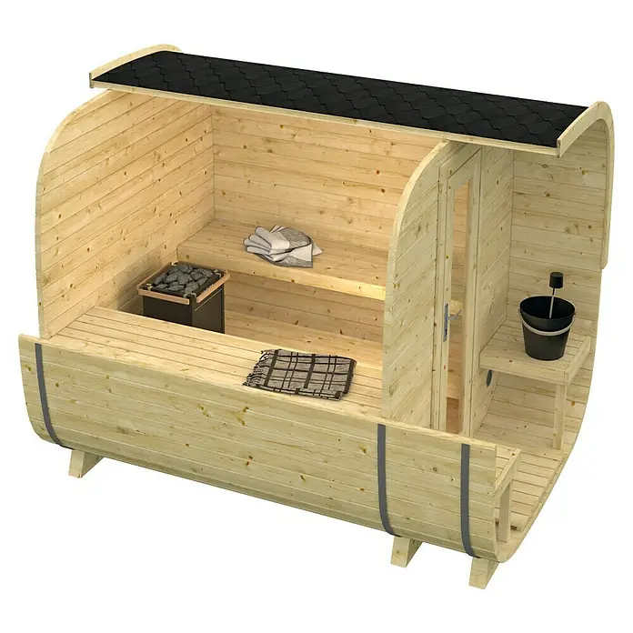 Tuindeco Saunahaus Cube Rovaniemi - L x B x H: 286 x 219 x 234 cm, Ohne Ofen, Fichte - Abbildung einer Außensauna aus Holz mit Steinen, Bank und Zubehör, die ein entspannendes und authentisches Saunaerlebnis verspricht.