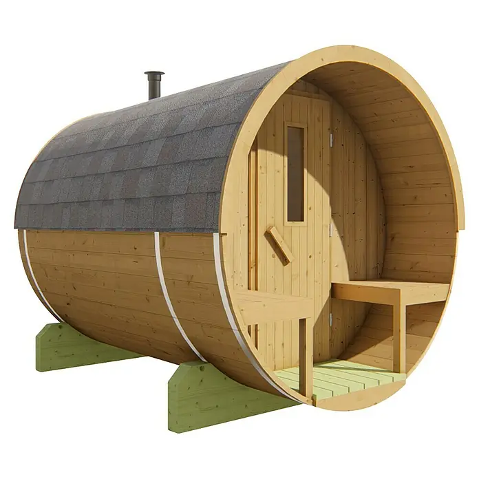 Tuindeco Fasssauna - L x B x H: 250 x 205 x 205 cm, Ohne Ofen - Fassförmige Sauna mit grauem Dach und hellbraunen Holzdetails. Die Sauna steht erhöht auf einem hellgrünen Holzsockel.