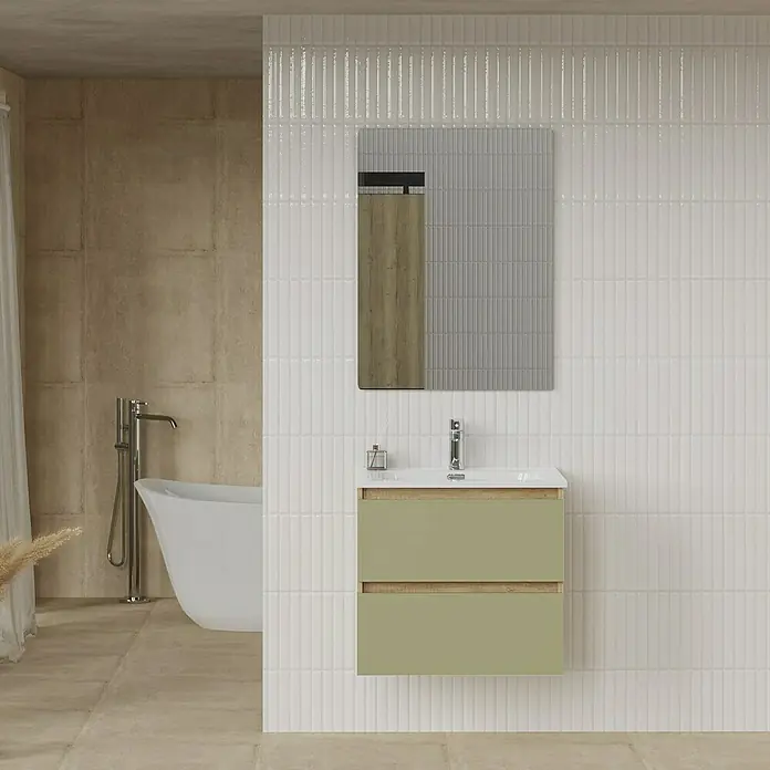 Artysan Conjunto de mueble de baño Funk - Ancho: 60 cm, Nature/Verde, 3 pzs. - Baño moderno con mueble bajo lavabo verde oliva y espejo a juego, resaltando el diseño elegante.
