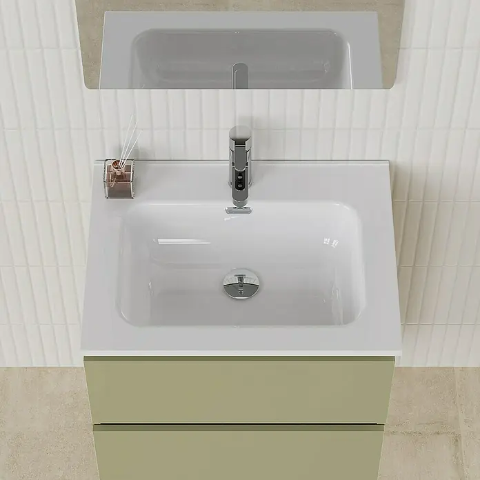 Artysan Conjunto de mueble de baño Funk - Ancho: 60 cm, Nature/Verde, 3 pzs. - Vista superior de un moderno lavabo de baño con mueble verde, grifo y espejo.