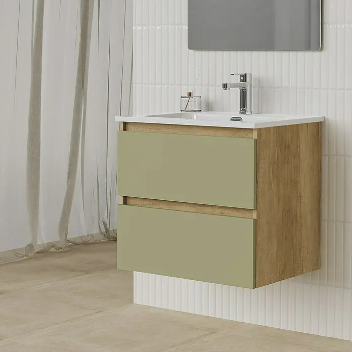 Artysan Conjunto de mueble de baño Funk - Ancho: 60 cm, Nature/Verde, 3 pzs. - Primer plano de un moderno mueble de baño con dos cajones verdes y un marco efecto madera bajo un espejo elegante.