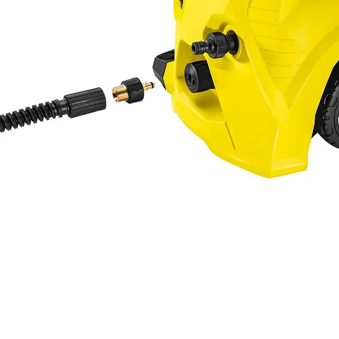Kärcher Adaptador Quick Connect - Específico para: Limpiadoras de alta presión Kärcher (hasta año de fabricación 1992) - Primer plano de una hidrolimpiadora amarilla con una manguera conectada. El dispositivo es moderno y compacto.
