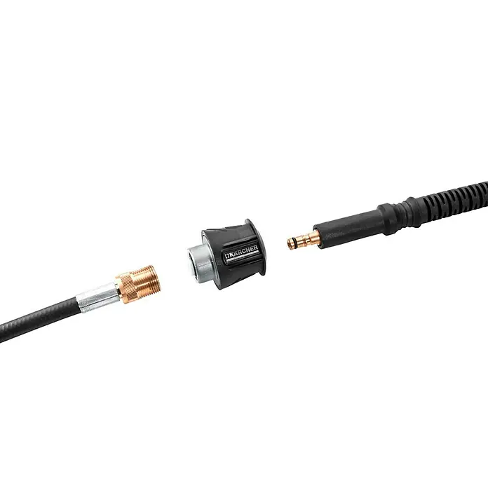 Kärcher Adaptador Quick Connect - Específico para: Limpiadoras de alta presión Kärcher (hasta año de fabricación 1992) - Imagen de una conexión de manguera de alta presión Kärcher, con componentes metálicos y plásticos, sobre un fondo negro.