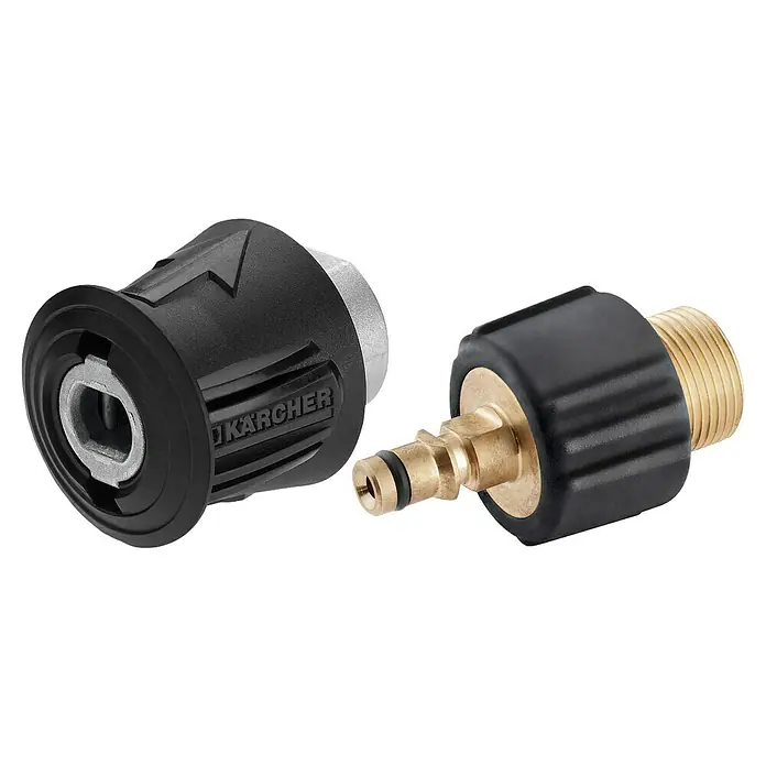Kärcher Adaptador Quick Connect - Específico para: Limpiadoras de alta presión Kärcher (hasta año de fabricación 1992) - Imagen de dos adaptadores para hidrolimpiadoras Kärcher con carcasa de plástico negra y conectores de metal dorado.