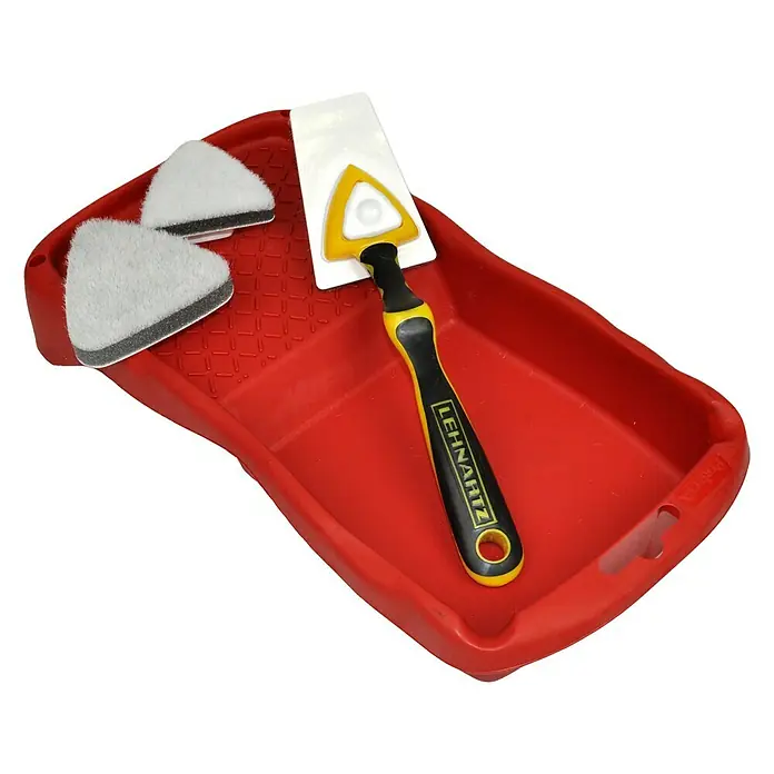 Lehnartz Isi-Line Streicher-Set Premium Delta 3-in-1 - 5 -tlg. - Farbschale mit Pinsel und zwei Schleifpads. Praktisches Malerzubehör für präzise Anstriche und Schleifarbeiten.