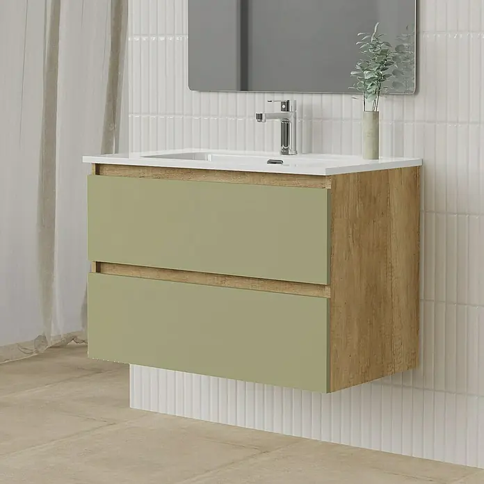 Artysan Conjunto de mueble de baño Funk - Ancho: 80 cm, Nature/Verde, 3 pzs. - Imagen de un moderno mueble de baño con cajones verdes y textura de madera, ideal para diseños de baño elegantes.