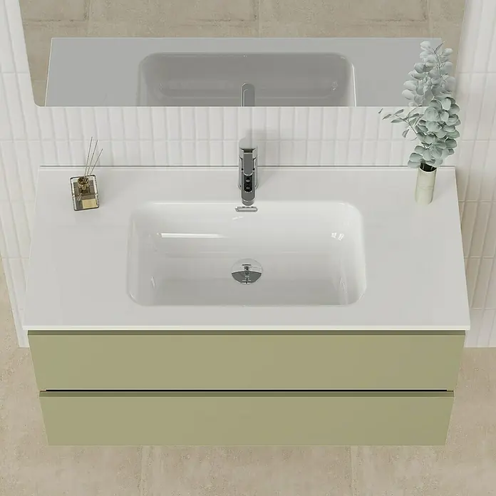 Artysan Conjunto de mueble de baño Funk - Ancho: 100 cm, Nature/Verde, 3 pzs. - Moderna combinación de tocador de baño con encimeras blancas y cajones verdes, ideal para baños con estilo.