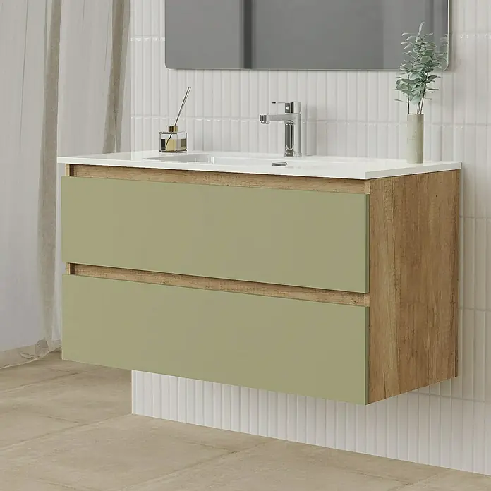Artysan Conjunto de mueble de baño Funk - Ancho: 100 cm, Nature/Verde, 3 pzs. - Lavabo de baño moderno con dos cajones verdes y textura de madera.