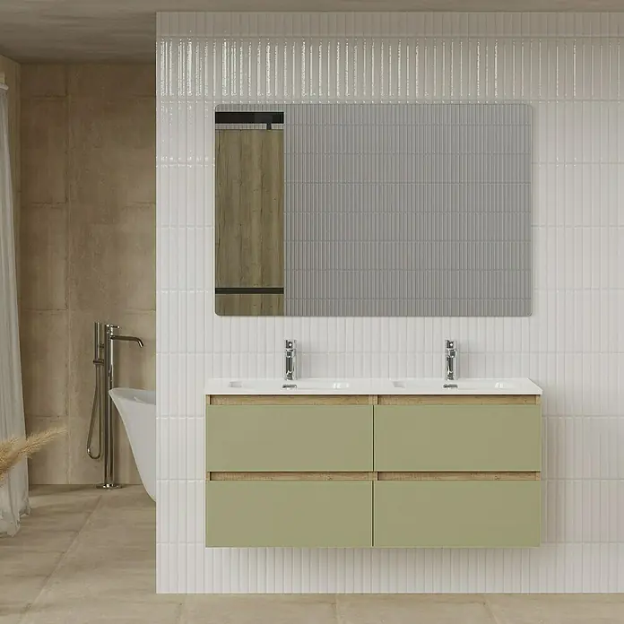 Artysan Conjunto de mueble de baño Funk - Ancho: 120 cm, Nature/Verde, 3 pzs. - Baño con mueble de doble lavabo verde y detalles en madera clara, con espejo a juego. Diseño elegante para baños modernos.