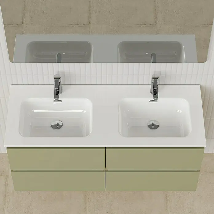 Artysan Conjunto de mueble de baño Funk - Ancho: 120 cm, Nature/Verde, 3 pzs. - Mueble de baño moderno con doble lavabo y mueble bajo en verde suave para un ambiente elegante.