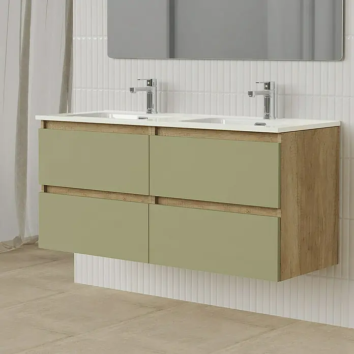Artysan Conjunto de mueble de baño Funk - Ancho: 120 cm, Nature/Verde, 3 pzs. - Mueble de baño doble con armarios en tonos de madera y oliva, complementado con lavabos blancos y grifos modernos, ideal para un baño elegante.