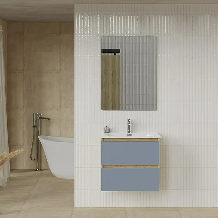 Artysan Conjunto de mueble de baño Funk - Ancho: 60 cm, Nature/Azul, 3 pzs. - Elegante baño con mueble de lavabo azul, espejo y bañera exenta que crean un ambiente moderno y acogedor.