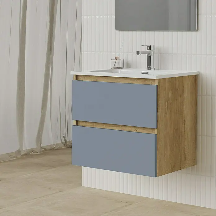 Artysan Conjunto de mueble de baño Funk - Ancho: 60 cm, Nature/Azul, 3 pzs. - Mueble de baño con dos cajones en azul y acabado de madera, incluyendo lavabo y grifo para un baño elegante.