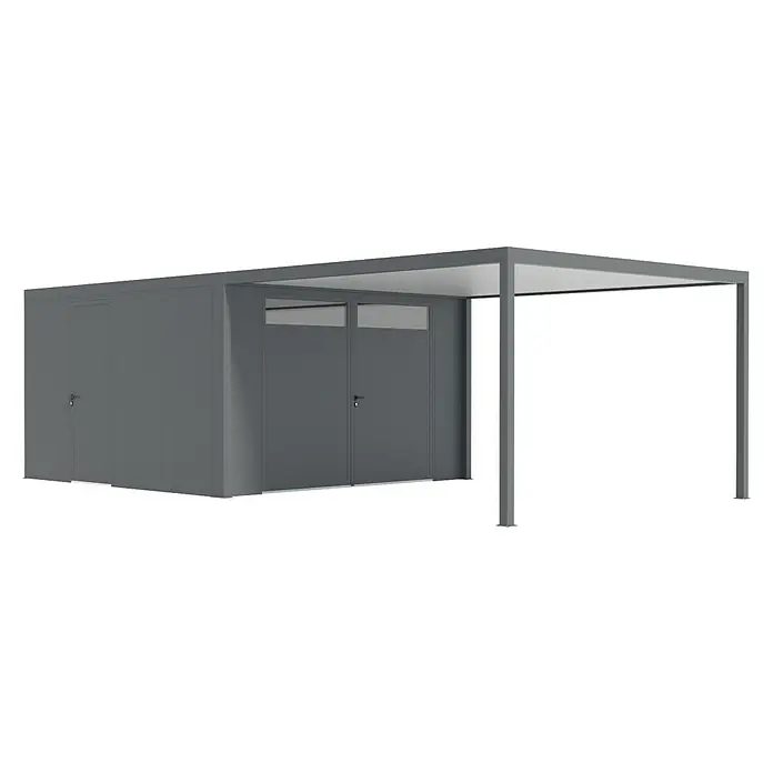 Wismar-NFI Carport - Außenmaß inkl. Dachüberstand (B x T): 4,25 x 8,4 m, Einzelcarport, Mit Anbau - Abbildung eines modernen Gerätehauses mit Carport, ideal für die Gartenaufbewahrung und als Unterstand für Fahrzeuge oder Fahrräder.