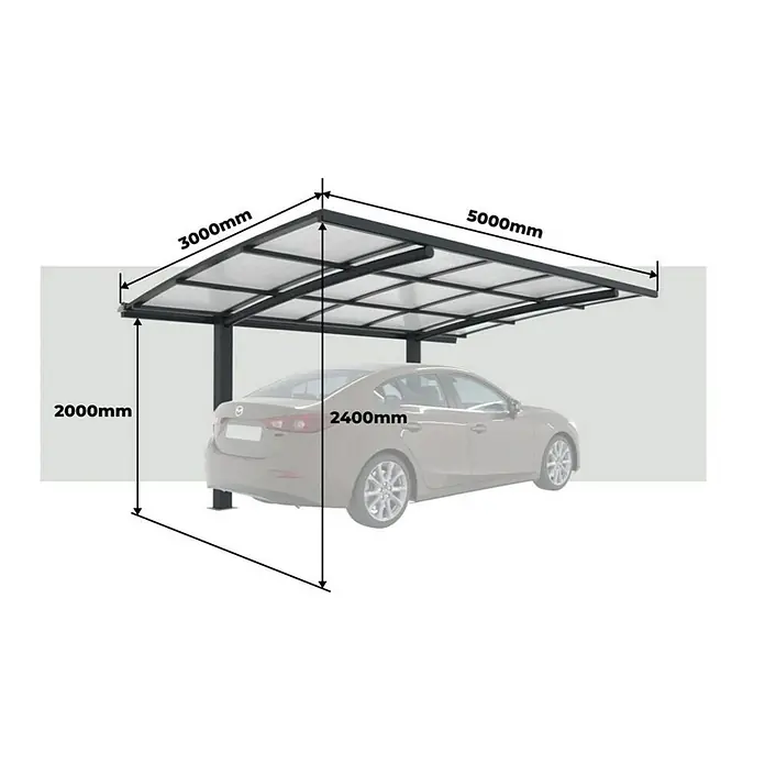 Wismar-NFI Carport - Außenmaß inkl. Dachüberstand (B x T): 3 x 5 m, Bogendach - Das Bild zeigt einen Carport mit Abmessungen, einschließlich Höhe, Breite und Länge. Das Design des Carports ist modern und funktional.