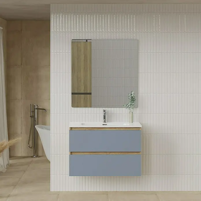 Artysan Conjunto de mueble de baño Funk - Ancho: 80 cm, Nature/Azul, 3 pzs. - Mueble de baño con cajones azules, lavabo y espejo en una pared blanca.
