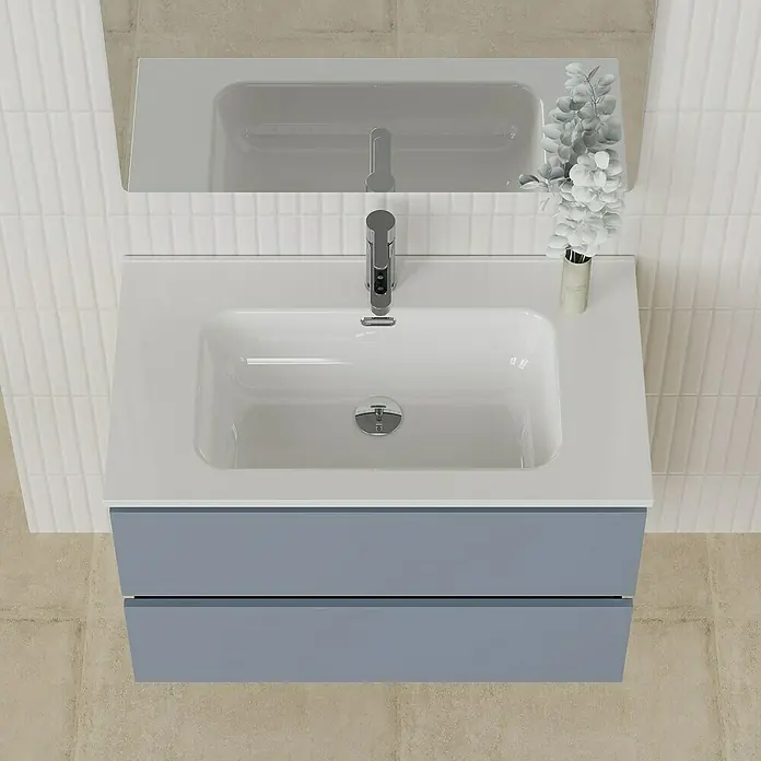 Artysan Conjunto de mueble de baño Funk - Ancho: 80 cm, Nature/Azul, 3 pzs. - Lavabo moderno con mueble azul y espejo, diseño de baño elegante con colores suaves y líneas limpias.
