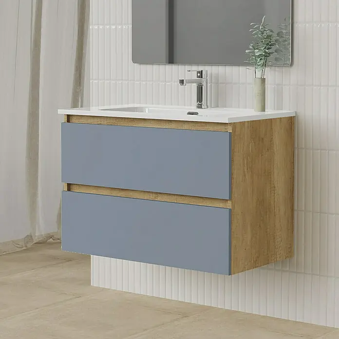 Artysan Conjunto de mueble de baño Funk - Ancho: 80 cm, Nature/Azul, 3 pzs. - Conjunto de baño moderno con tocador azul y de madera, lavabo blanco y espejo rectangular para un espacio elegante y funcional.
