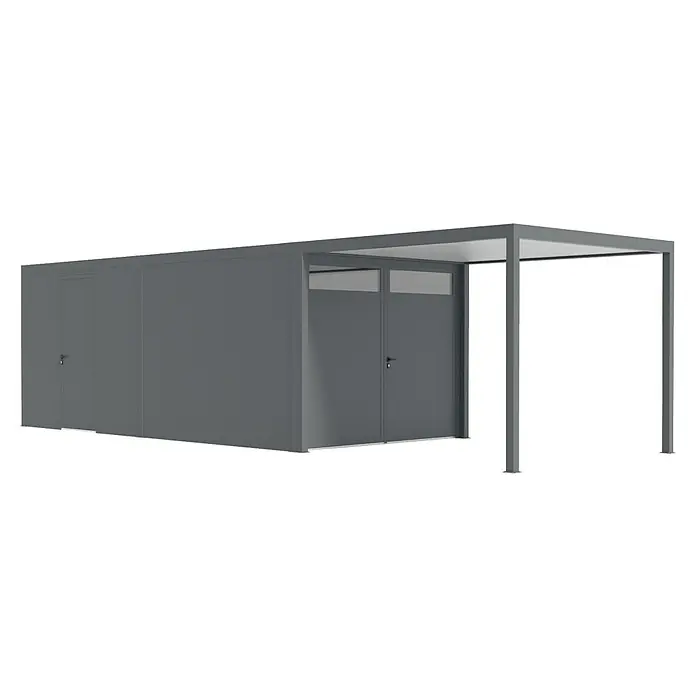 Wismar-NFI Carport - Außenmaß inkl. Dachüberstand (B x T): 3,25 x 9,55 m, Einzelcarport, Mit Anbau - Bild eines modernen Gerätehauses mit einem schützenden Vordach, ideal zur Aufbewahrung und zum Schutz von Gartengeräten.