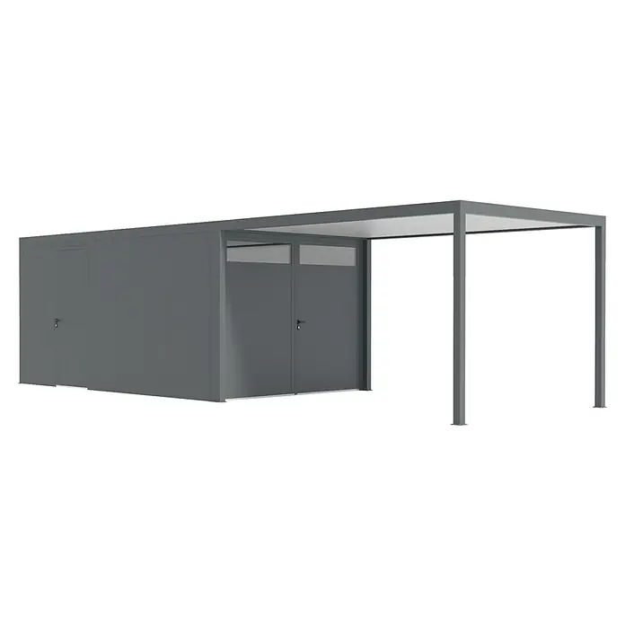Wismar-NFI Carport - Außenmaß inkl. Dachüberstand (B x T): 3,25 x 9,4 m, Einzelcarport, Mit Anbau - Moderne, graue Fahrradgarage mit integriertem Unterstand. Bietet sicheren Schutz für Fahrräder und zusätzlichen überdachten Bereich.